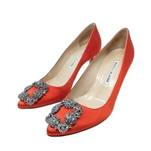 Manolo Blahnik Red Hangisi Satin Crystal 70mm Pump Size EU 36.5